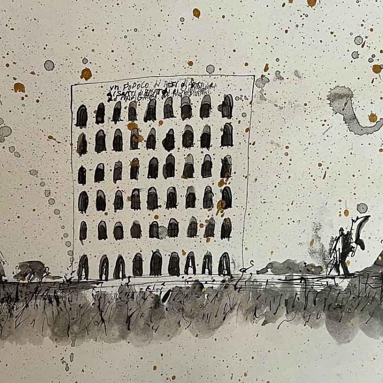 Рисунок тушью с золотом Дворец Итальянской Цивилизации Palazzo Della Civilta Italiana Drawing With Gold