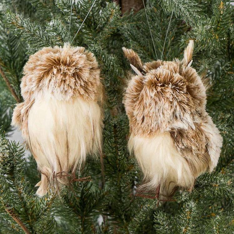 Набор из двух ёлочных игрушек Коричневые пушистые совы Set Of 2 Furry Owls Brown Cream 16 cm
