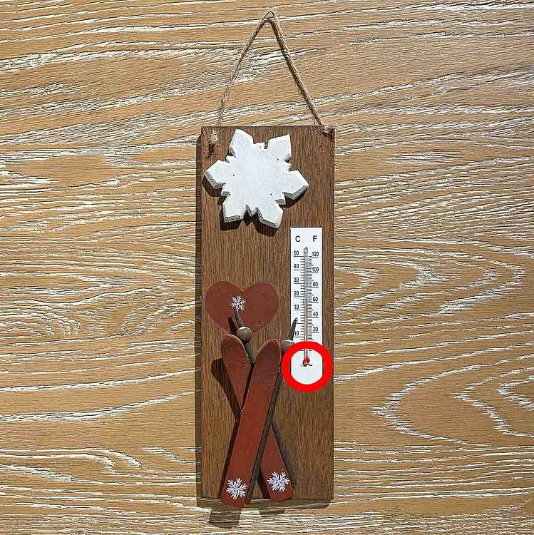 Настенный деревянный термометр с лыжами и снежинками дисконт9 Wooden Thermometer With Ski And Snowflakes 24 cm discount9