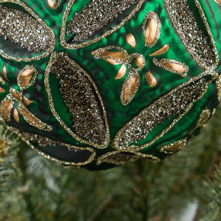 Ёлочная игрушка Зелёный многогранный шар с золотыми цветами, M Golden Flowers Multifaceted Ball Green 10 cm