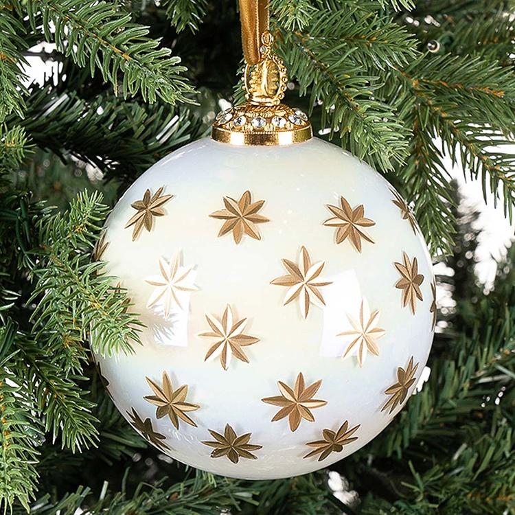 Ёлочная игрушка Белый шар с золотыми снежинками, L Gold Snowflakes Ball White 12 cm