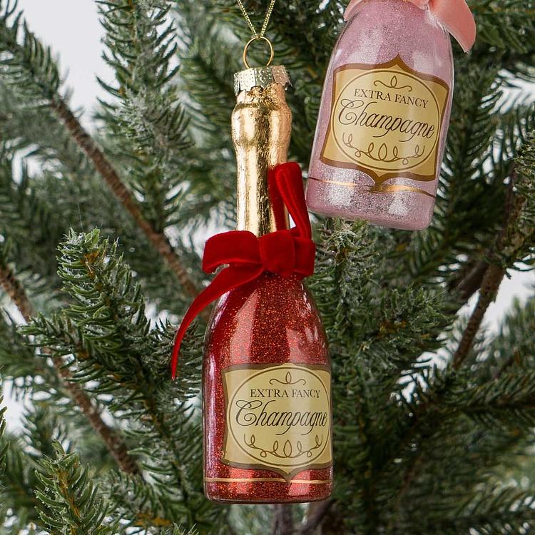 Набор из двух ёлочных игрушек Шампанское красное и розовое Set Of 2 Glass Hangers Champagne Red And Pink 13 cm