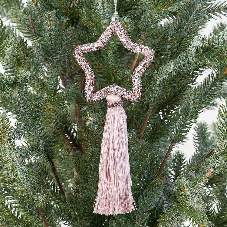 Новогодняя подвеска Розовая звезда из страз с кисточкой Pink Rhinestone Star Pendant With Tassel 20 cm