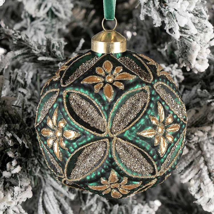 Ёлочная игрушка Зелёный многогранный шар с золотыми цветами, M Golden Flowers Multifaceted Ball Green 10 cm