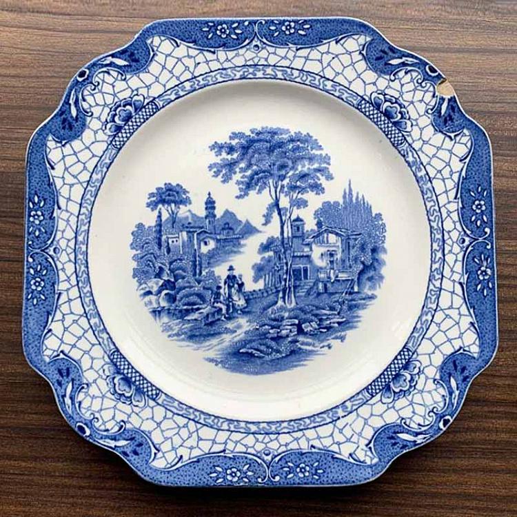 Винтажная тарелка белая с голубым мотивом 11, M Vintage Plate Blue White Medium 11