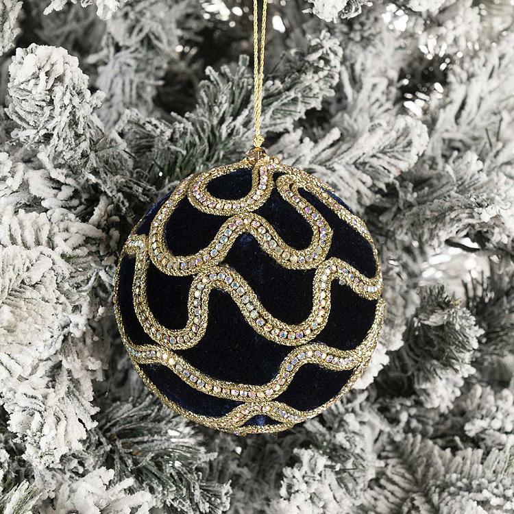 Ёлочная игрушка Тёмно-синий бархатный шар с золотистым орнаментом Gold Ornament Velvet Ball Dark Blue 12 cm