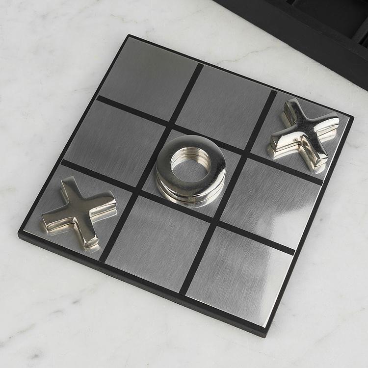 Настольная игра Металлические крестики-нолики в деревянной шкатулке Tic Tac Toe Box Shiny Steel