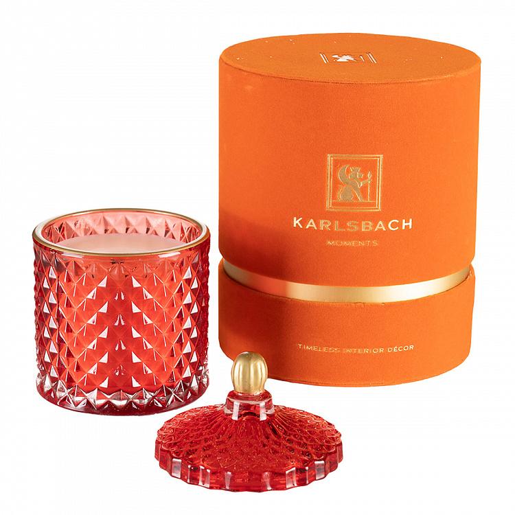 Арома-свеча в красном фасетном стакане Фиолетоволистная роза, S Aroma Candle In Red Faceted Glass Berry Rose Small