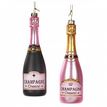 Набор из 2-х ёлочных игрушек Set Of 2 Glass Champagne Bottles Black Pink 16 cm