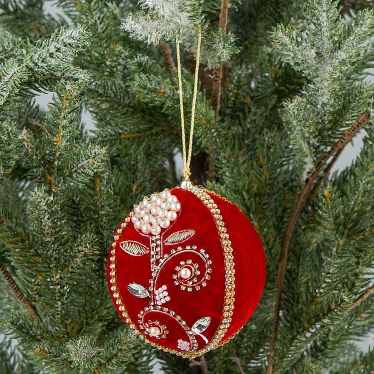 Ёлочная игрушка Красный шар с цветками из жемчуга и бисера Bead Pattern Velvet Ball Red 10 cm