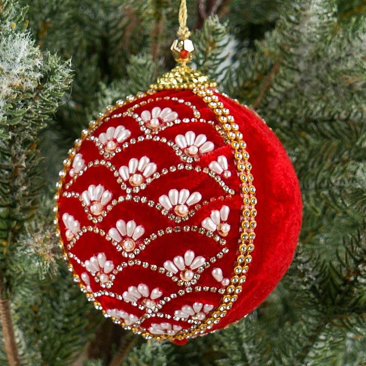 Ёлочная игрушка Красный шар с жемчугом и бисером Pearl Ornament Velvet Ball Red 10 cm