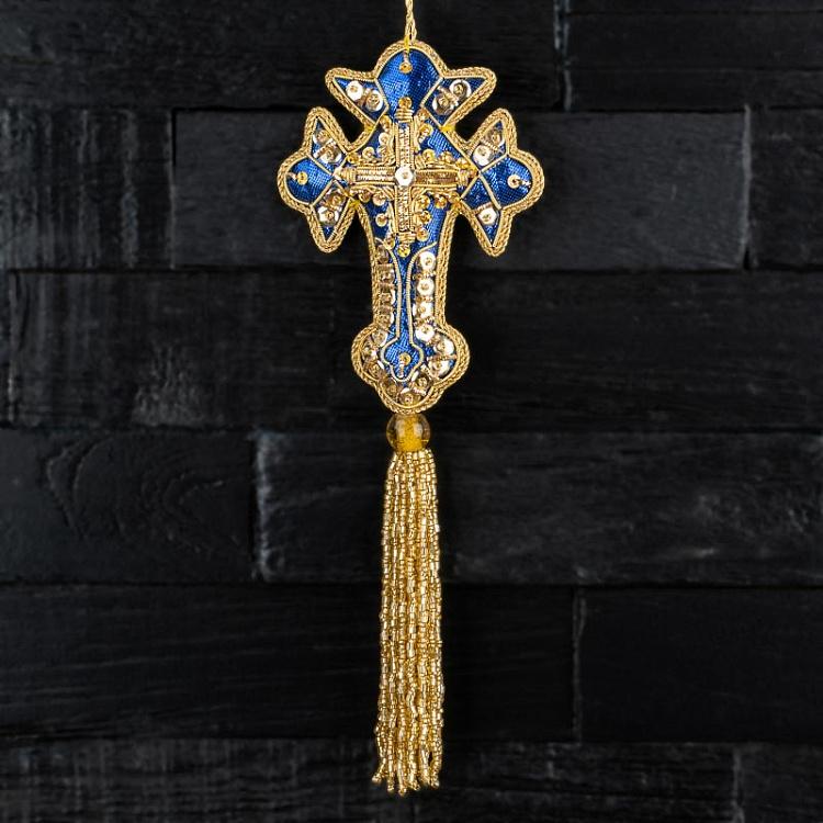 Новогодняя подвеска Голубой крест с золотой кисточкой Cross Pendant Blue/Gold 24 cm