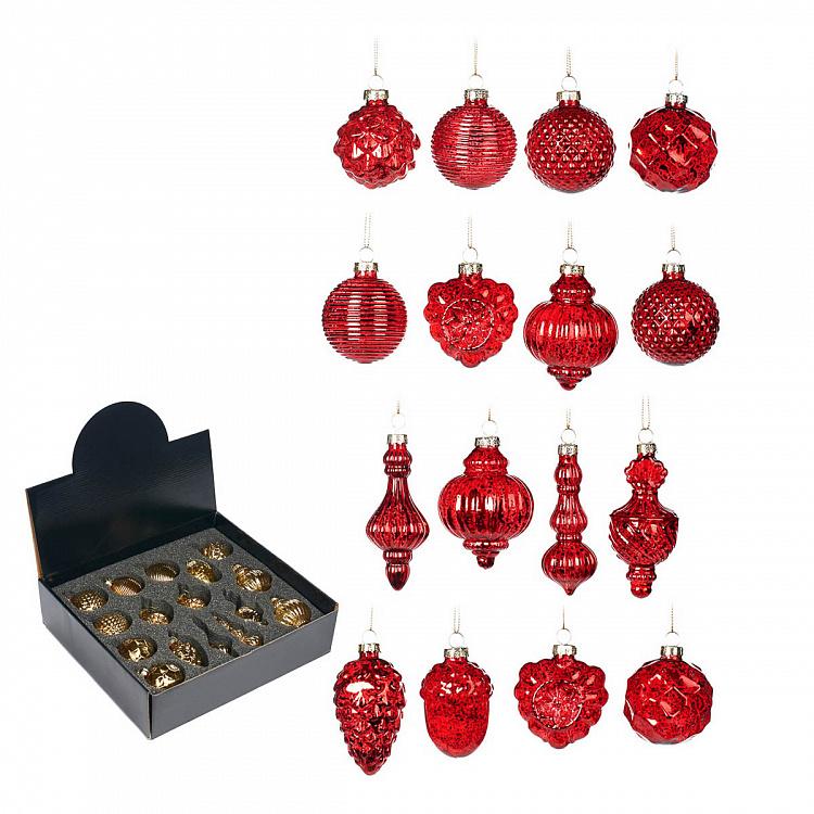 Набор из 16 стеклянных ёлочных игрушек красного цвета Set Of 16 Glass Antique Ball Pinecones Red 5 cm