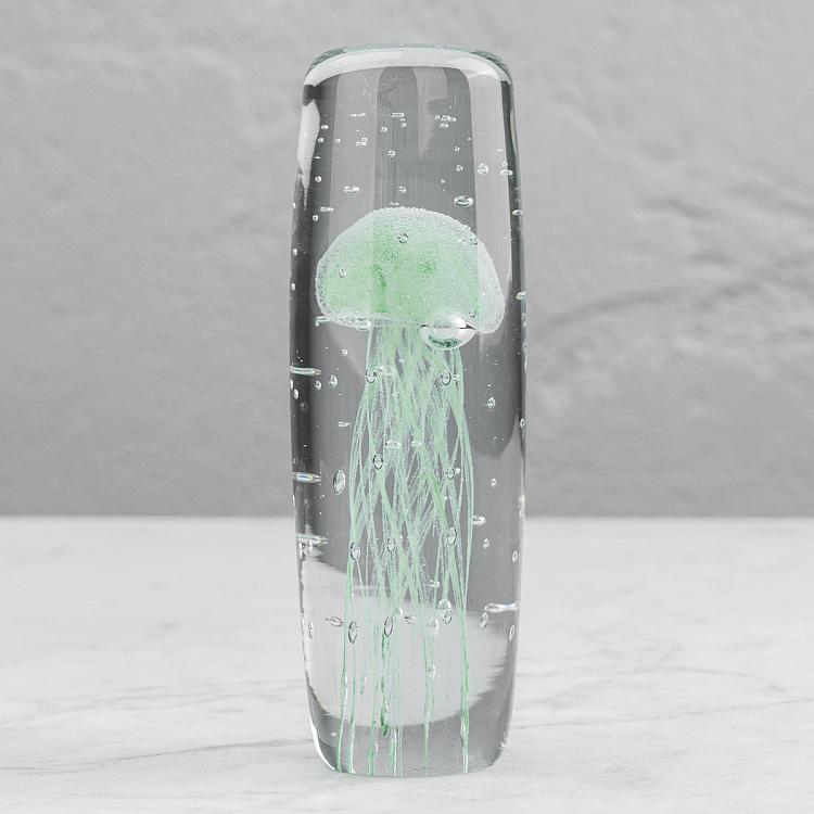 Cylinder Glass Paperweight Green Jellyfish