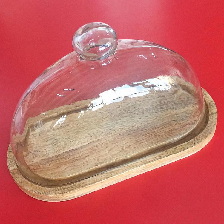 Деревянная доска со стеклянным колпаком дисконт1 Oval Wooden Cake Plate With Cover discount1