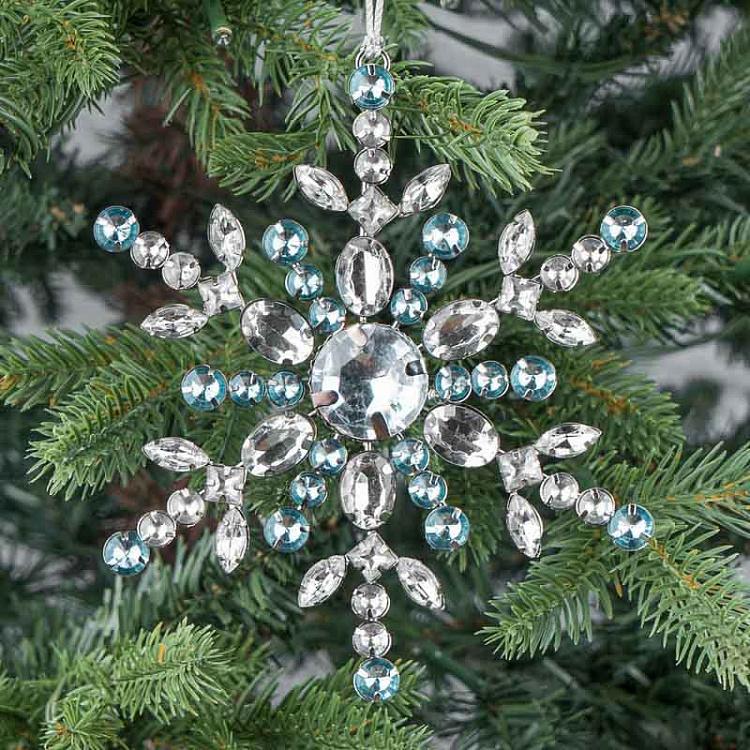 Ёлочная игрушка Серебристая снежинка с голубыми стразами Silver Blue Stones Snowflake Silver 15 cm