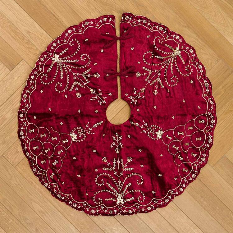 Бордовый коврик-юбка под ёлку с золотым узором Golden Pattern Christmas Tree Skirt Burgundy 105 cm