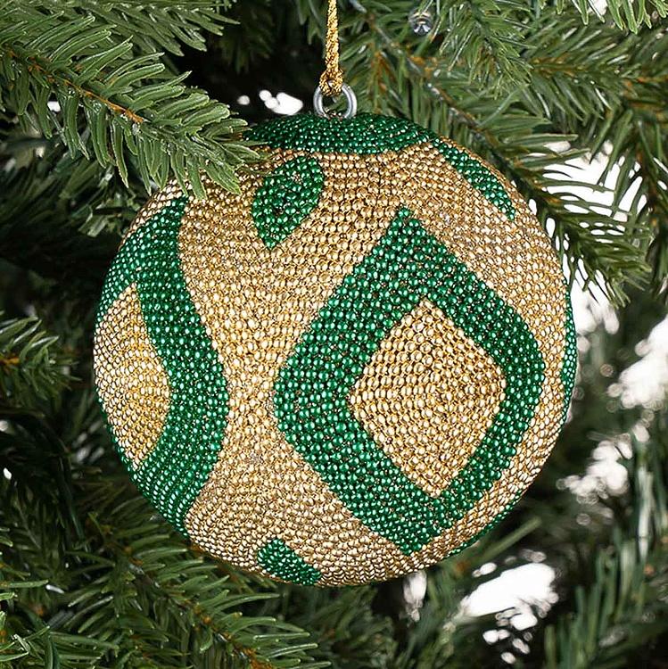 Ёлочная игрушка Шар с узором из золотого и зелёного бисера, S Beads Ball Gold And Green 9 cm