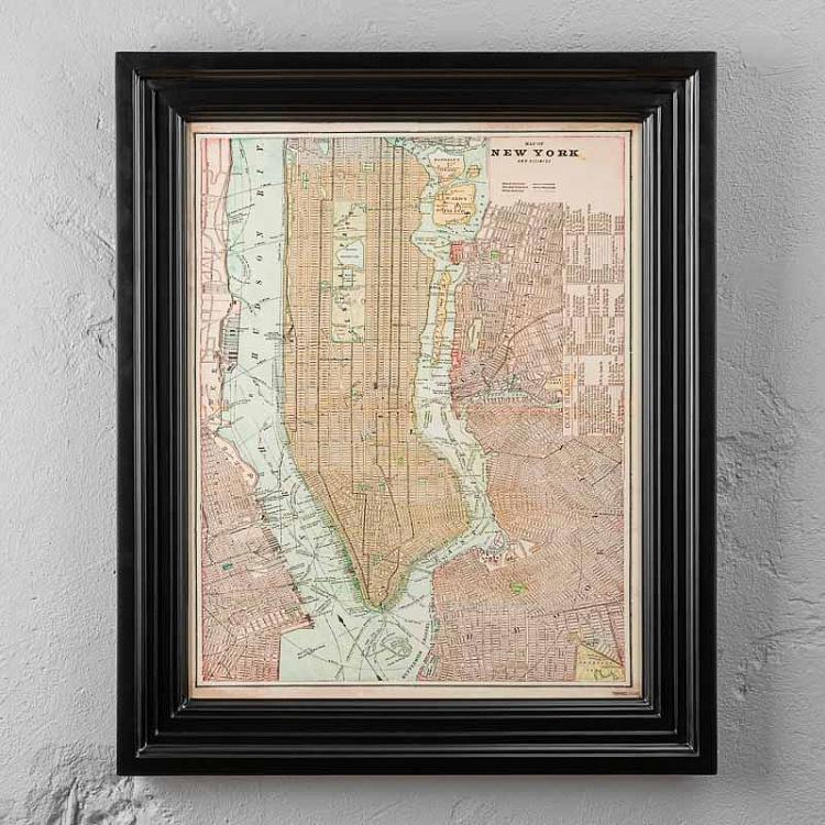 Картина-принт Карта Нью-Йорка, чёрная рама Classic Map New York, Black Wood