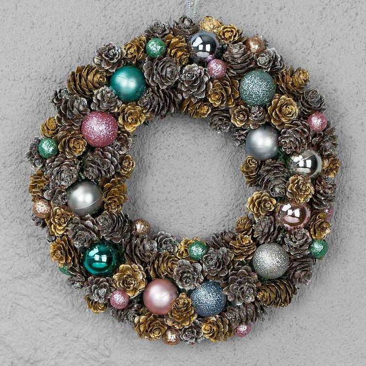 Новогодний венок с шарами в нежных тонах Delicate Tones Wreath With Balls 24 cm