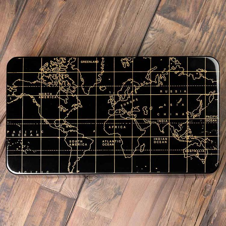 Шкатулка для украшений Карта мира Jewelry Black Box And Golden World Map