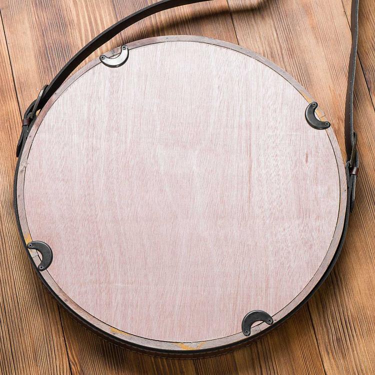 Настенное круглое зеркало из тёмного дерева на ремешке Round Dark Wood Mirror With Faux Leather Strap