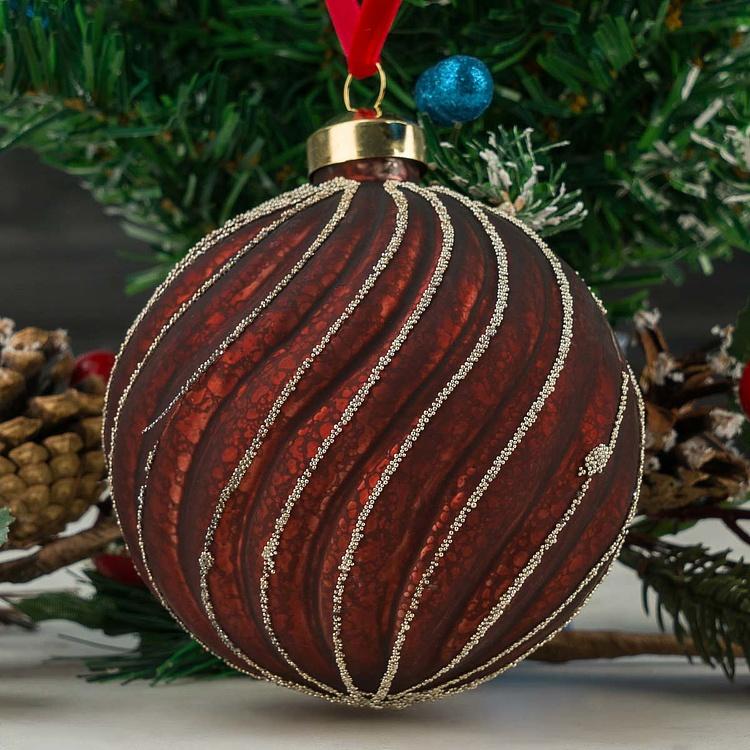Ёлочная игрушка Бордовый шар с волнистыми полосками Wavy Stripes Ball Burgundy 10 cm