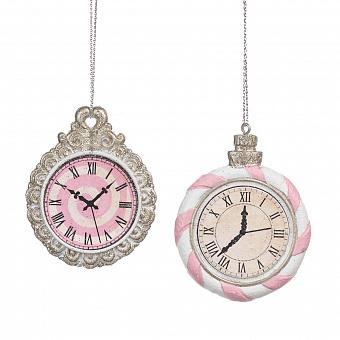 Набор из 2-х ёлочных игрушек Set Of 2 Candyland Clocks Pink Gold White 6 cm