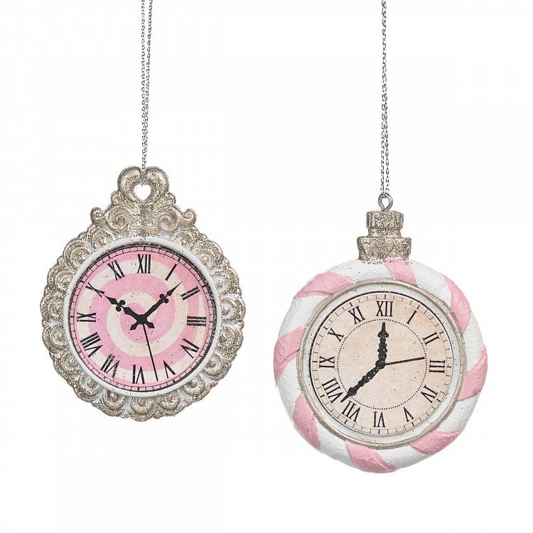 Набор из двух ёлочных игрушек Часы из Сладкого королевства Set Of 2 Candyland Clocks Pink Gold White 6 cm