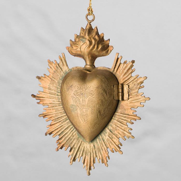 Золотое с патиной подвесное украшение-шкатулка Сердце Hanging Ex Voto Heart Box Gold Verdigris 13 cm