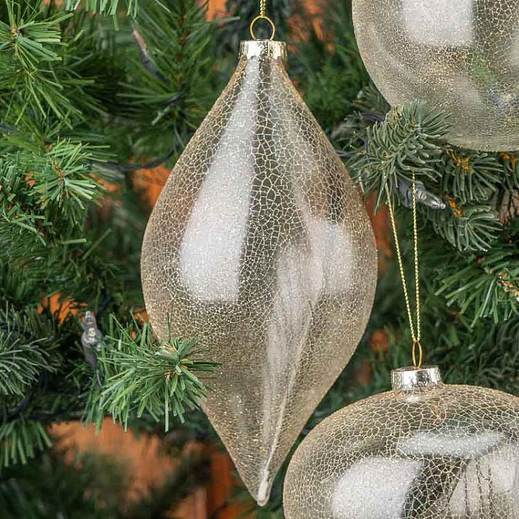 Набор из 3-х прозрачных ёлочных шаров с пером павлина и блёстками Set Of 3 Glass Glitter Crackled Balls Champagne 12 cm