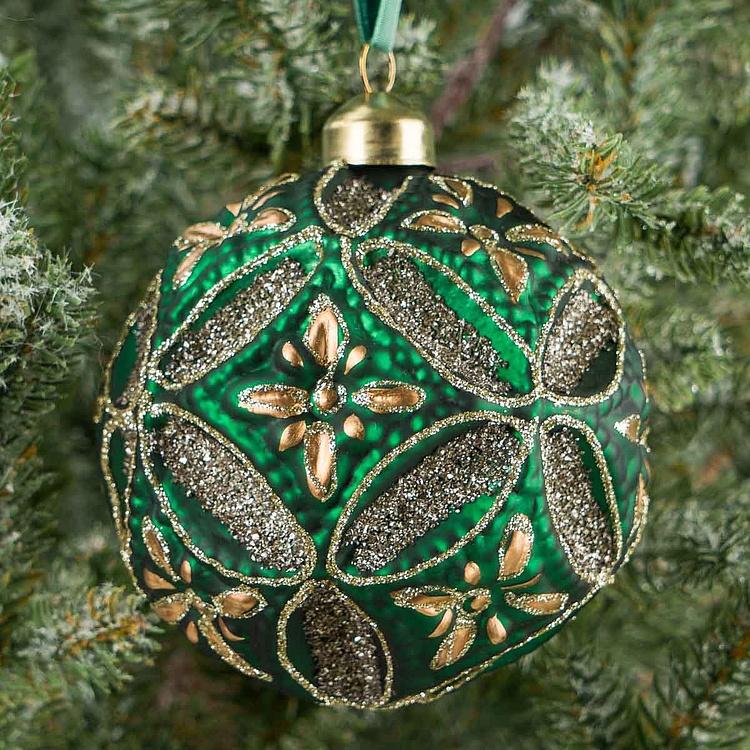 Ёлочная игрушка Зелёный многогранный шар с золотыми цветами, M Golden Flowers Multifaceted Ball Green 10 cm