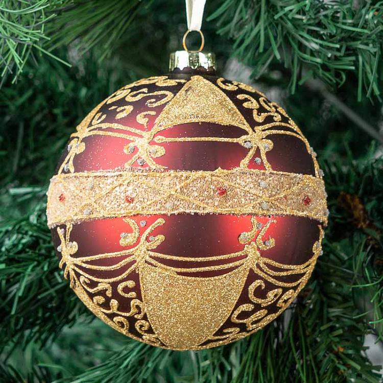 Красный ёлочный шар с золотым узором Ball Burgundy With Gold Pattern 10 cm