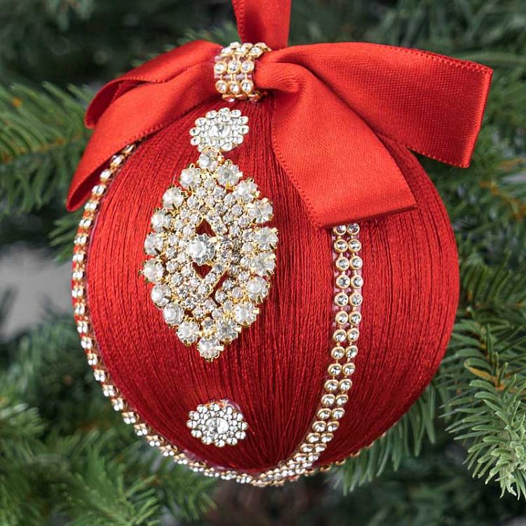 Ёлочная игрушка Красный шар с золотистым узором и бантом Gold Pattern Ball With Bow Red 10 cm