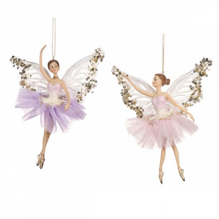 Набор из двух ёлочных игрушек Феи-балерины в тюлевых платьях Set Of 2 Tulle Fairy Ballerinas Pink Purple 17,5 cm