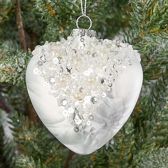 Glass Beaded Top Frosted Heart White 9 cm