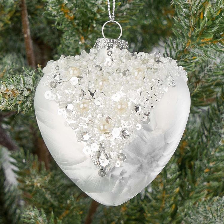 Ёлочная игрушка Белое матовое сердце с бусинами Glass Beaded Top Frosted Heart White 9 cm