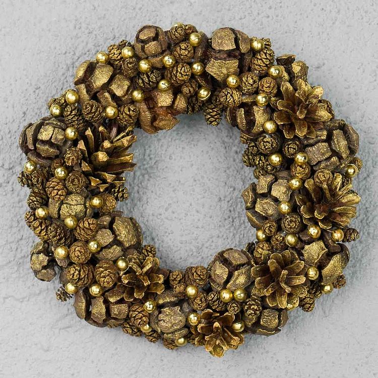 Новогодний золотистый венок с шишками Wreath With Pinecones 20 cm
