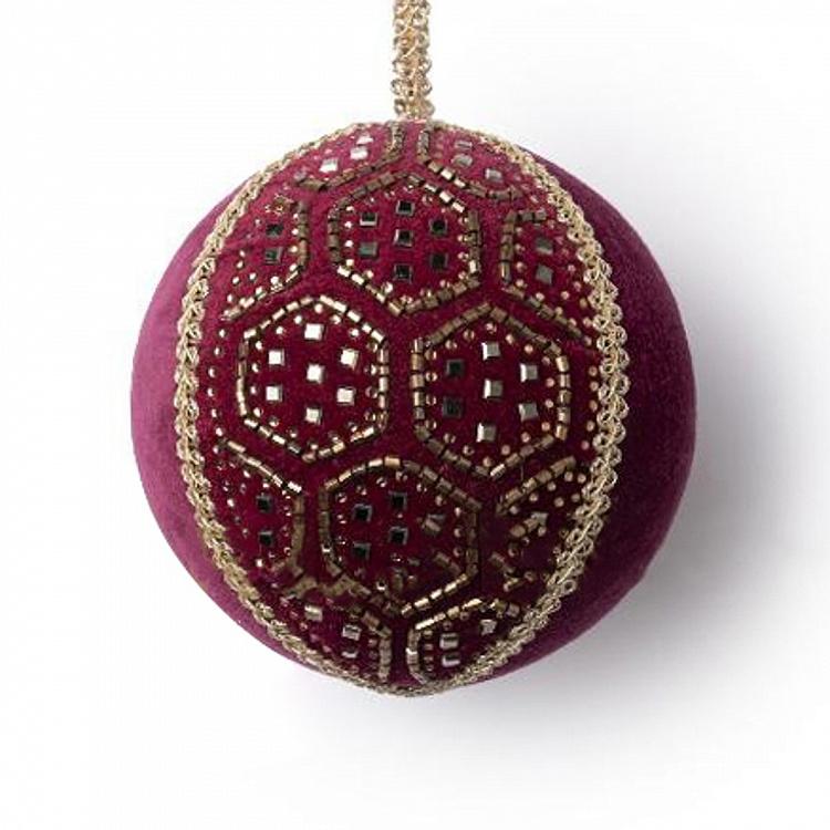 Ёлочная игрушка Красный текстильный шар с золотистым узором Gold Pattern Textile Ball Red 9 cm