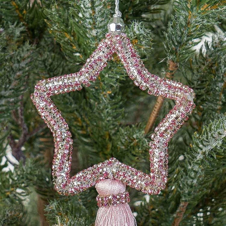 Новогодняя подвеска Розовая звезда из страз с кисточкой Pink Rhinestone Star Pendant With Tassel 20 cm