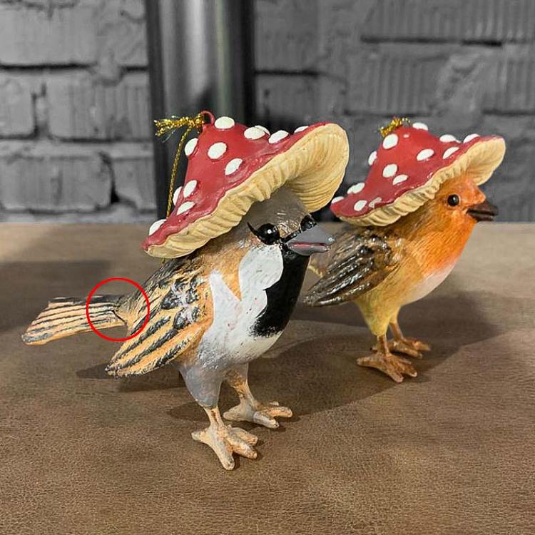 Набор из двух ёлочных игрушек Птицы под мухоморами дисконт Set Of 2 Mushroom Birds Brown/Red 12,5 cm discount