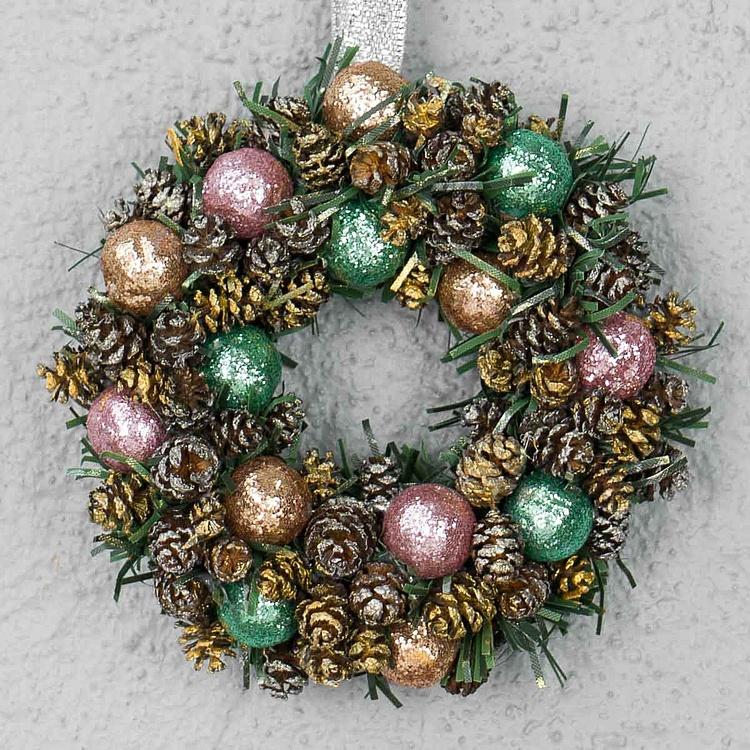 Новогодний венок с шишками и перламутровыми шарами, S Wreath Bagel Small