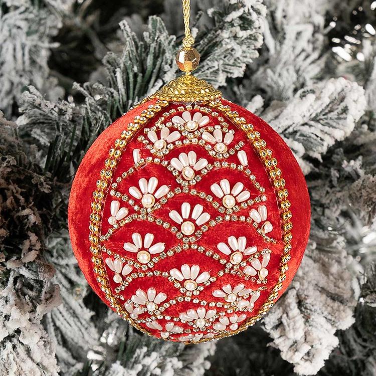 Ёлочная игрушка Красный бархатный шар с жемчужным орнаментом Pearl Ornament Velvet Ball Red 10 cm