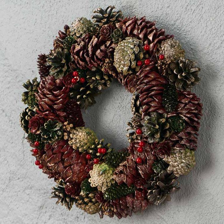 Позолоченный венок с сосновыми шишками Gilt Berry Pinecone Wreath Green Brown 34 cm