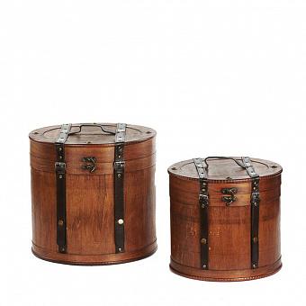 Set Of 2 Wood Round Brown Boxes