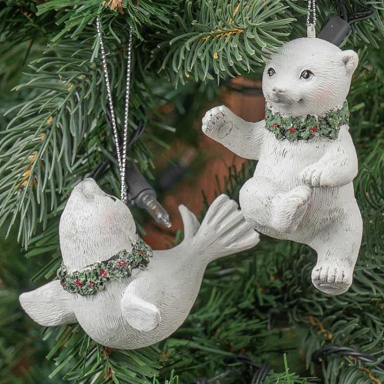 Набор из 2-х ёлочных игрушек Полярный медведь и тюлень Set Of 2 Xmas Polar Bear And Seal White 10 cm