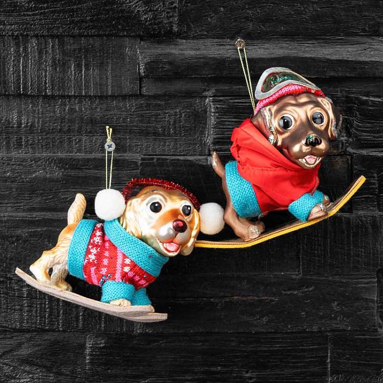 Набор из двух ёлочных игрушек Собачки на сноубордах дисконт1 Set Of 2 Glass Snowboard Dogs Brown/Red 15 cm discount1