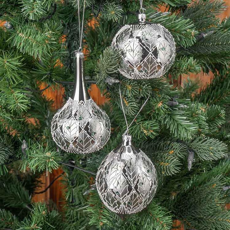 Набор из трёх ёлочных шаров Листва Set Of 3 Glass Leaf Net Ball And Drops Green/White 10 cm