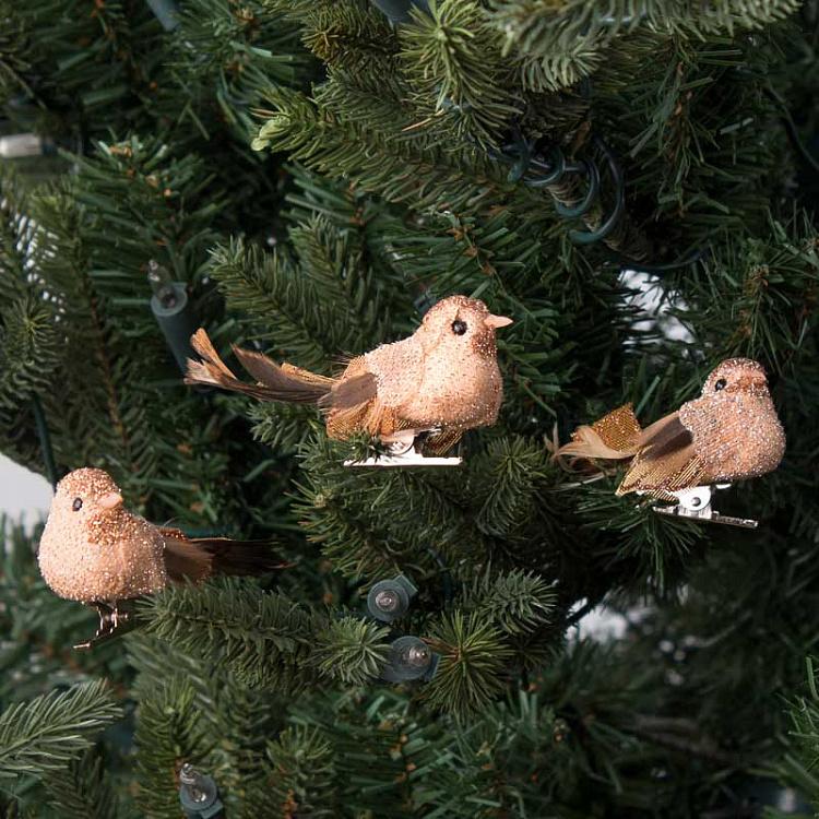 Набор из трёх ёлочных игрушек Блестящие птички на прищепке Set Of 3 Glitter Birds On Clip Pink/Brown 9 cm