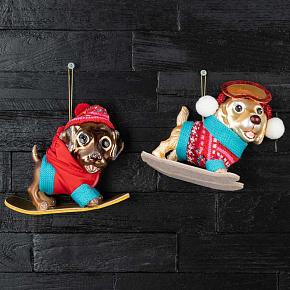 Set Of 2 Glass Snowboard Dogs Brown/Red 15 cm